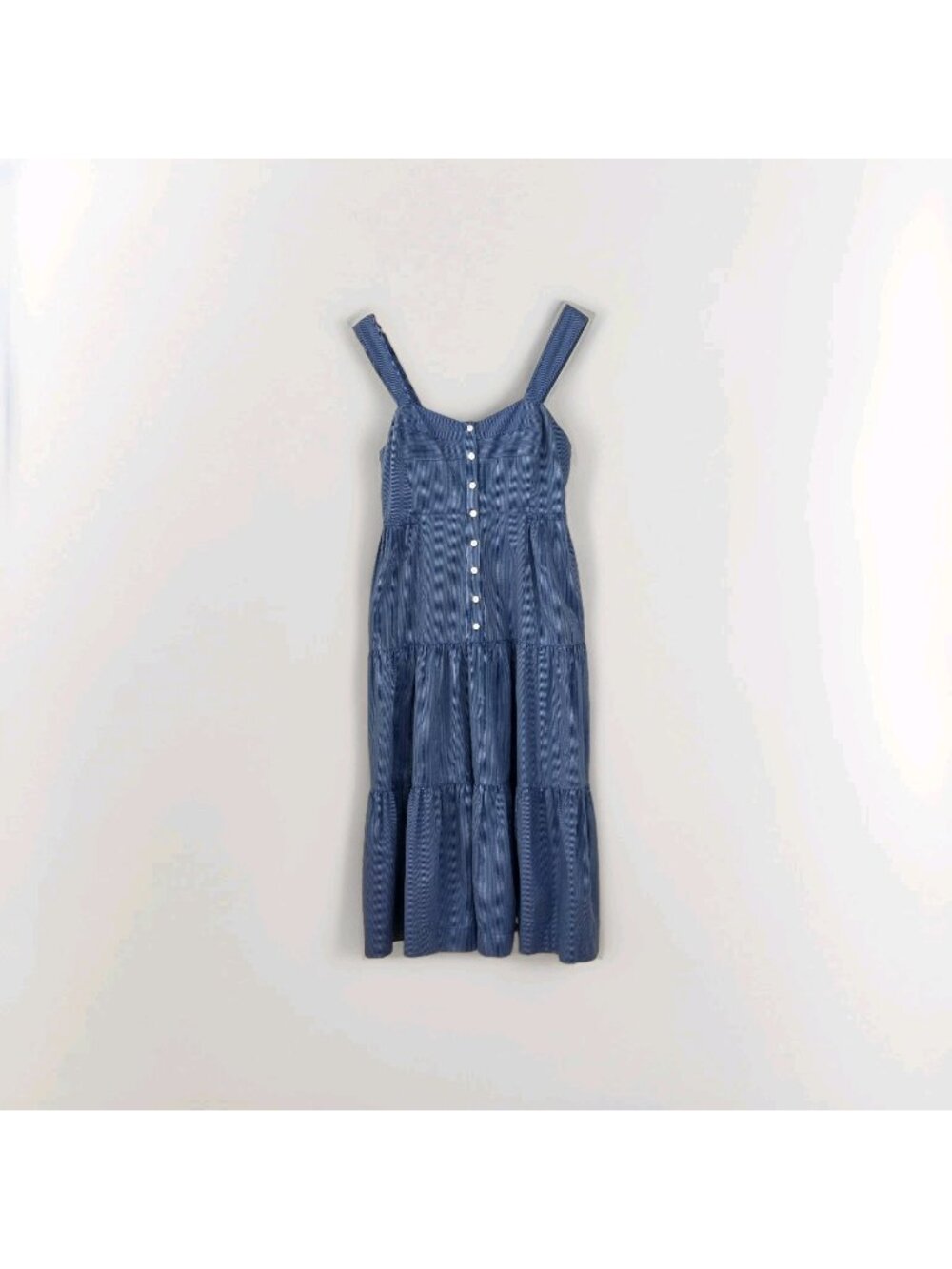 Madewell Striped Tiered Midi Dress S Blue Button Front Cotton Pockets SP23 NK424